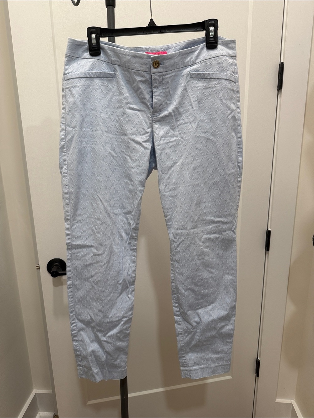 Lilly Pulitzer Light Blue Textured Slim Pants with Pink Logo Tabs